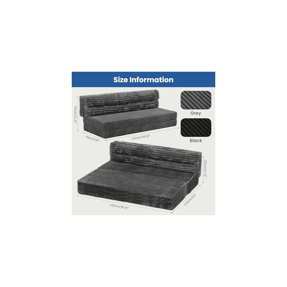Erament Tri-Fold Futon Sofa Bed, 6 Inch Foldable Floor Couch, High-Density Foam Convertible Sleeper Sofa with Removable Washable Corduroy Cover, Portable Floor Mattress for Living Room