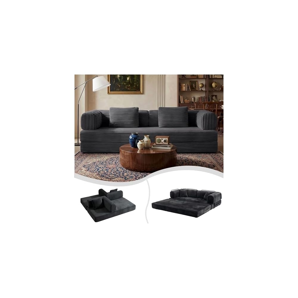 74" Convertible Sleeper Sofa Bed, 5-in-1 Floor Folding Mattress Pull Out Bed with Armrests, No Assembly Required, Fluffy Corduroy Boneless Couches for Living Room, Dorm, Studio (Antique Grey)