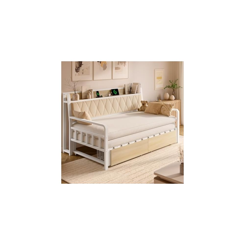 ONBRILL Twin Daybed with Pop up Trundle, Twin to King Daybed, White