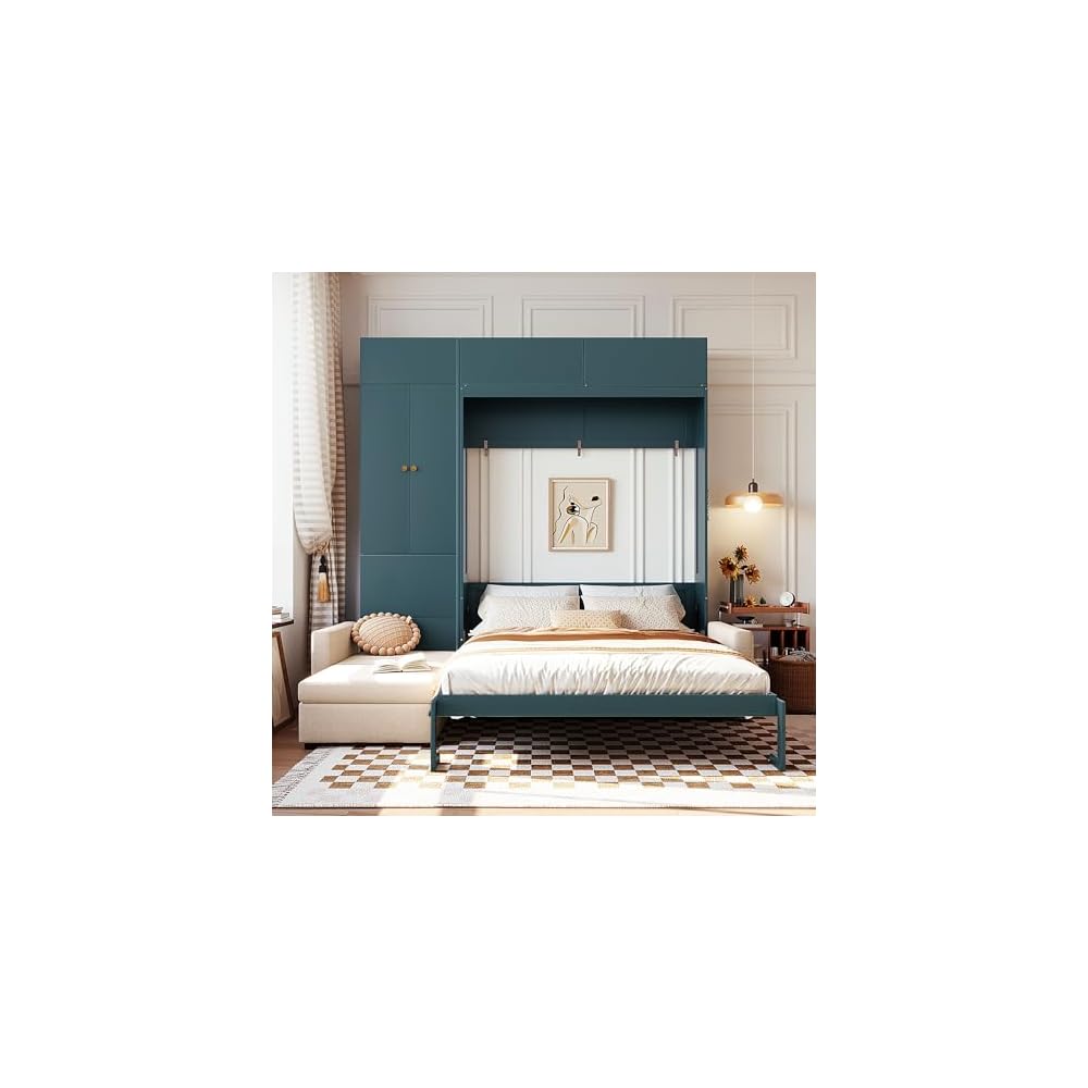 DNYN Queen Size Murphy Bed with Cabinet and Sofa Design for Bedroom/Guest Room, Space-Saving Foldable Wall Bed Frame with Multi-Layer Shelves, No Box Spring Needed