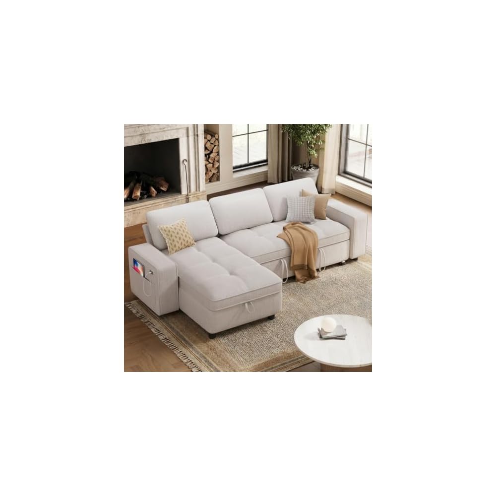 WEUP 81" Modular Sectional Sleeper Sofa Bed, Chenille L-Shaped Couch Bed with Adjustable Backrest, Pull Out Couch with Reversible Chaise Storage, USB Charging & Tool-Free Assembly, Beige