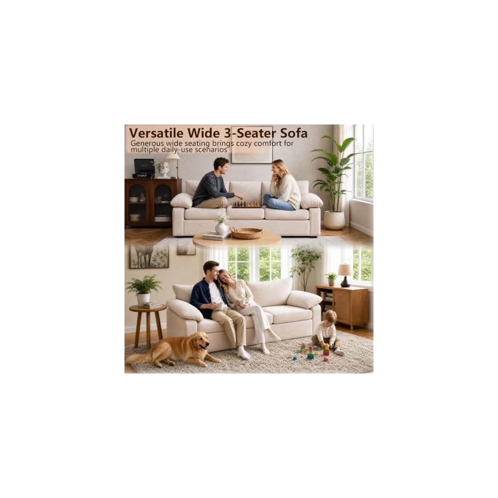 95 "3 Seater Sofa Removable Armrest Chenille Cloud Sofa,Hidden Legs,Beige