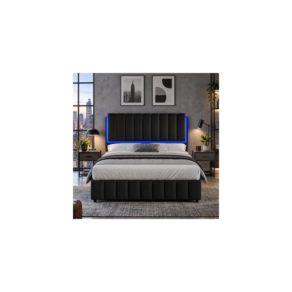 Queen Platform Bed Frame with LED Lights, Faux Leather Headboard, Black