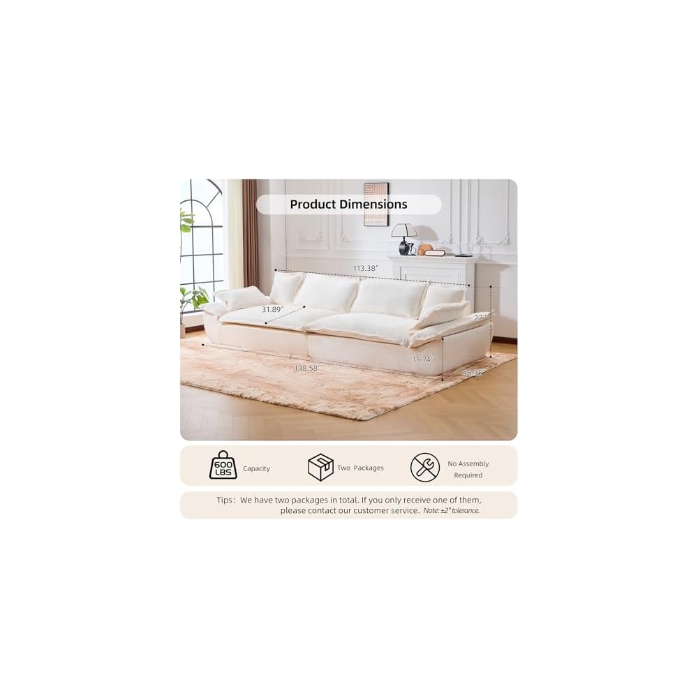 138" Modular Cloud Couch, Sectional Couch with Deep Seats, Wide Armrests and Multiple Pillows, Boneless Couches Sofas Loveseat for Bedroom/Living Room/Apartment/Office (White)