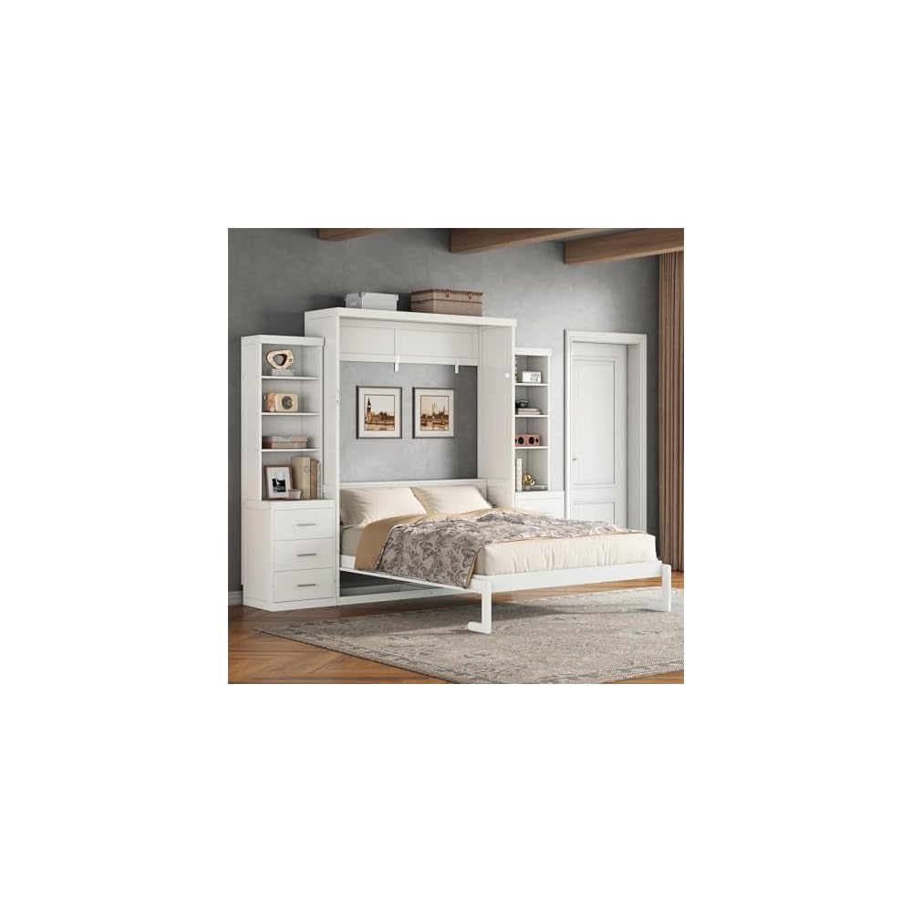 MERITLINE Full Murphy Bed with Storage Shelves and Drawers, Solid Wood Foldable Hidden Murphy Wall Bed with Storage Bookcase for Adults, Library,Guest Room,Bedroom,Office (Full,White w/ 6 Drawers)
