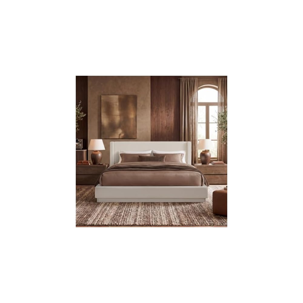 Queen Size Upholstered Platform Bed with Wingback Headboard, Ivory