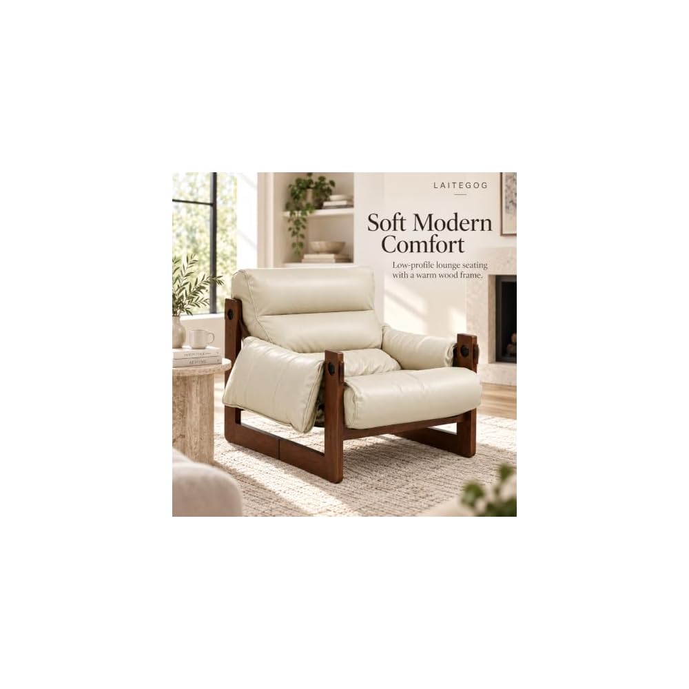 Faux Leather Accent Chair with Wood Frame, Low-Profile Lounge Chair, Beige