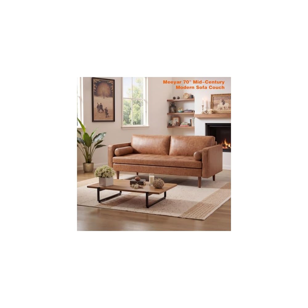 Faux Leather Couch,70" Mid-Century Modern Sofa,Brown