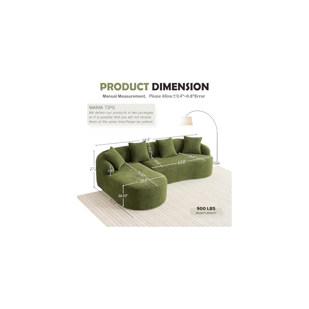 99" Curved Sectional Sofa with Chaise, Modern Luxury Chenille Cloud Couch for Living Room, Heavy Duty Oversized Deep Seat 3-Seater, 700lbs/Seat Weight Capacity, No Assembly, Antique Green