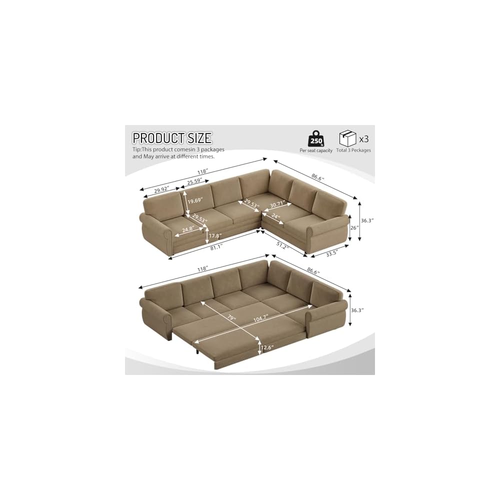 118" Sectional Sleeper Sofa with Pull Out Bed, Comfy Chenille L Shaped Convertible King Size Sleeper Couch with Nailhead Trim, Oversized Modern 6-Seater Couches for Living Room, Camel