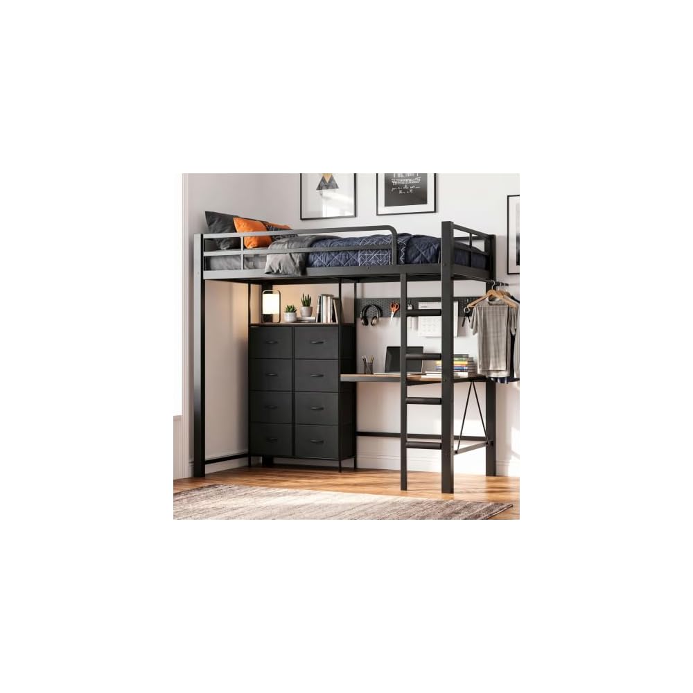 Twin Size Metal Loft Bed with L-Shaped Desk and 8 Storage Drawers,Black