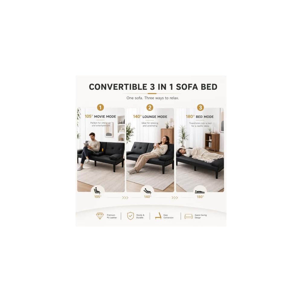 67"Modern Futon Sofa Bed,Convertible 3 in 1 Sleeper Bed Couches with Adjustable Backrest,Cup Holders,Comfy PU Leather Recliner Sofa Loveseat with Chrome Legs for Small Home Living Room (Black)
