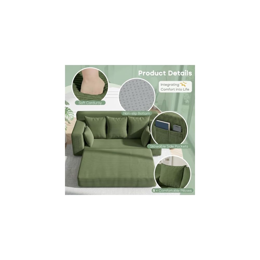 Boneless Couch for Living Room, 3 Seater Convertible Sofa Bed in A Box, Folding Pull Out Couch with Comfy Corduroy, Loveseat Sleeper Floor Sofa with 5 Pillows, No Assembly Required, Green