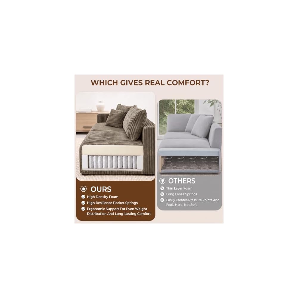 115" L-Shaped Modular Sectional Sofa with Chaise, 3-Piece Corduroy Deep-Seat Couch, Flexible Modular Design, No Assembly Required. (Khaki)