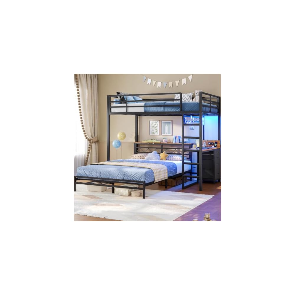DICTAC Twin Over Full Bunk Bed with Desk and Charging Station, Black