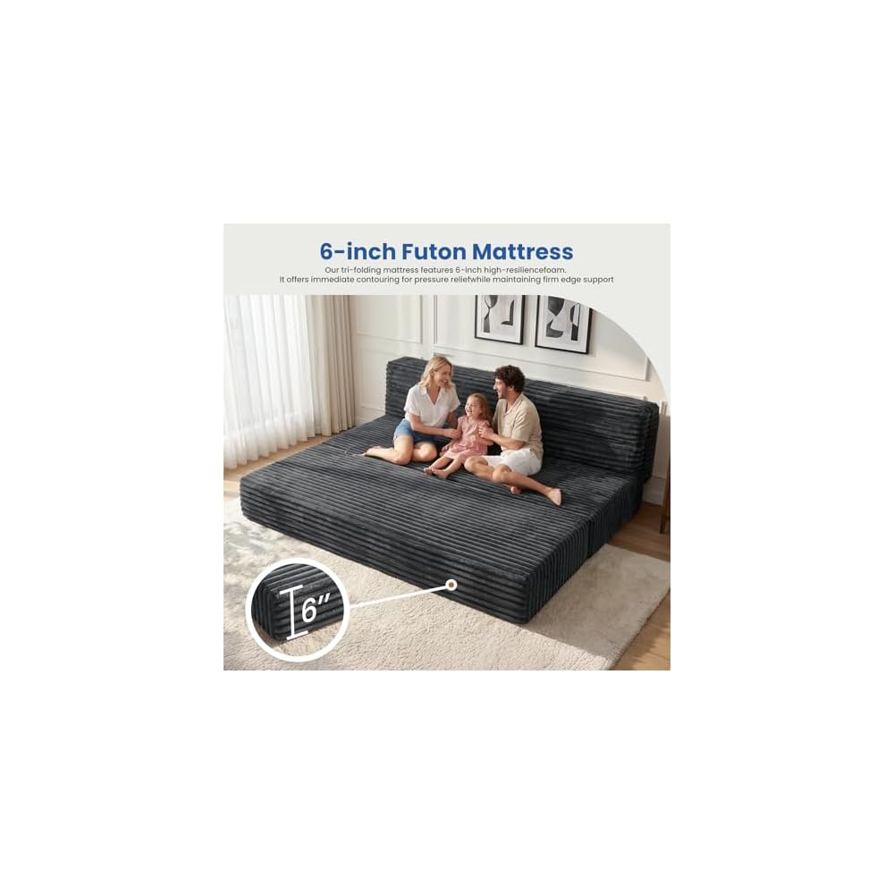 Erament Tri-Fold Futon Sofa Bed, 6 Inch Foldable Floor Couch, High-Density Foam Convertible Sleeper Sofa with Removable Washable Corduroy Cover, Portable Floor Mattress for Living Room