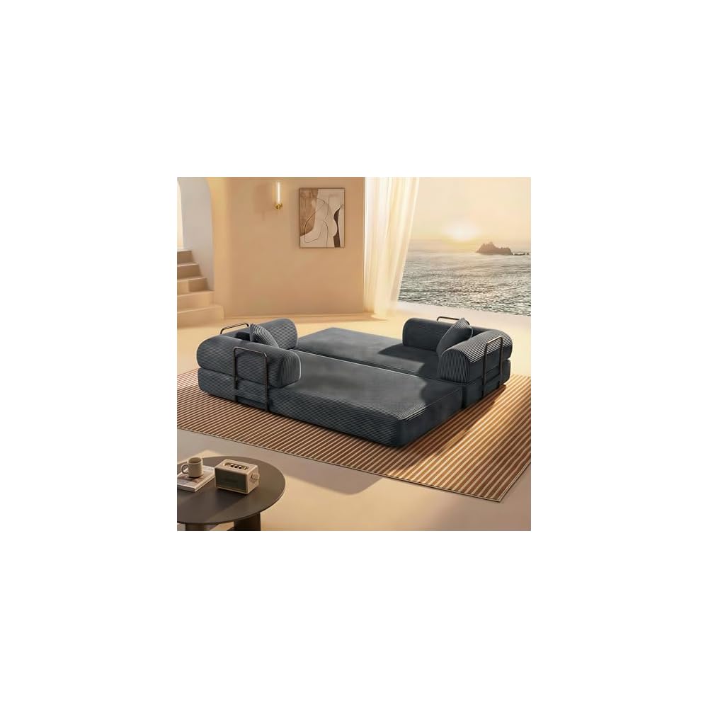 74" Convertible Sleeper Sofa Bed, 5-in-1 Floor Folding Mattress Pull Out Bed with Armrests, No Assembly Required, Fluffy Corduroy Boneless Couches for Living Room, Dorm, Studio (Antique Grey)