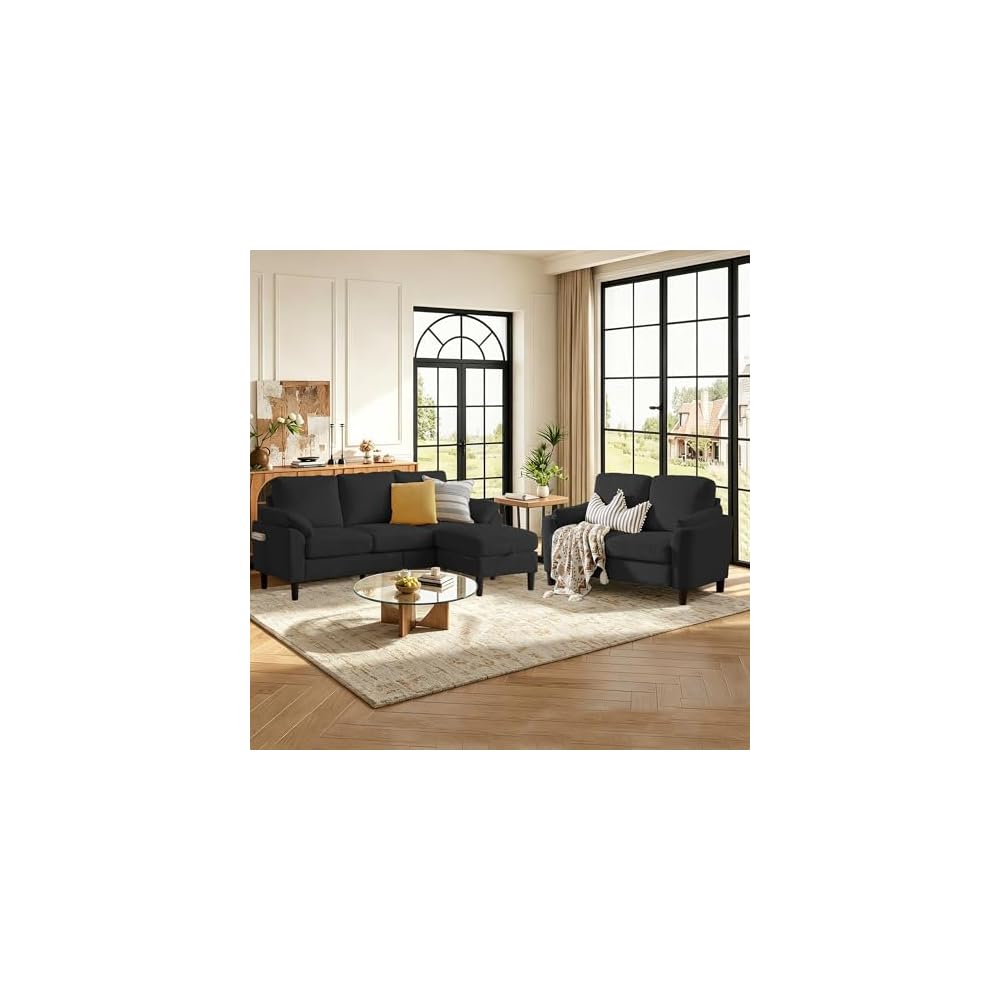 79.72" 3 Piece Corduroy Sofa Set with Storage Ottoman & Loveseat, L Shaped Sectional Couch with Side Pockets, Convertible Living Room Furniture Set for Small Space