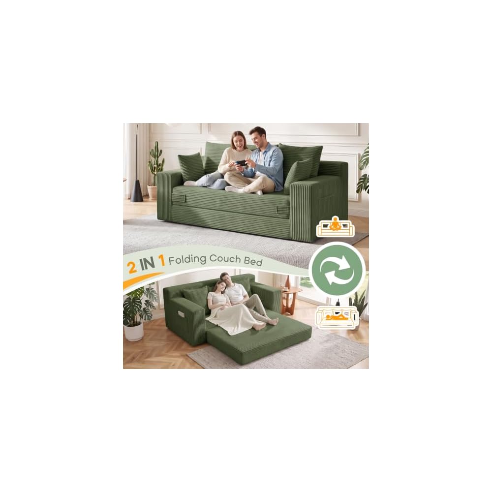 Boneless Couch for Living Room, 3 Seater Convertible Sofa Bed in A Box, Folding Pull Out Couch with Comfy Corduroy, Loveseat Sleeper Floor Sofa with 5 Pillows, No Assembly Required, Green