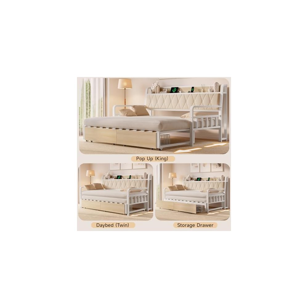 ONBRILL Twin Daybed with Pop up Trundle, Twin to King Daybed, White