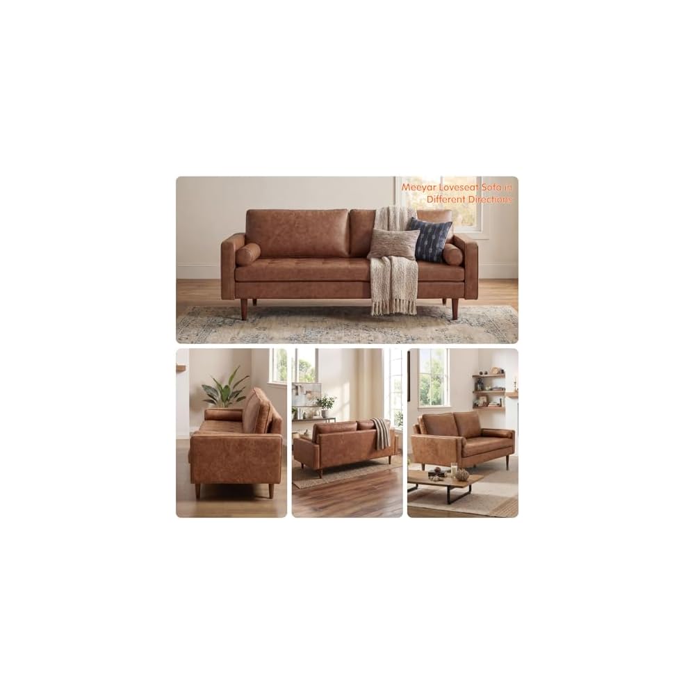Faux Leather Couch,70" Mid-Century Modern Sofa,Brown