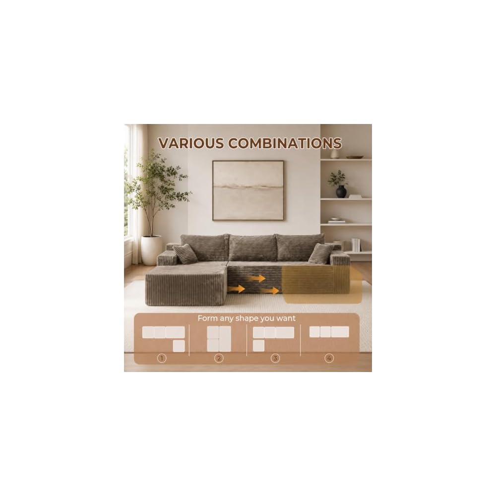 115" L-Shaped Modular Sectional Sofa with Chaise, 3-Piece Corduroy Deep-Seat Couch, Flexible Modular Design, No Assembly Required. (Khaki)
