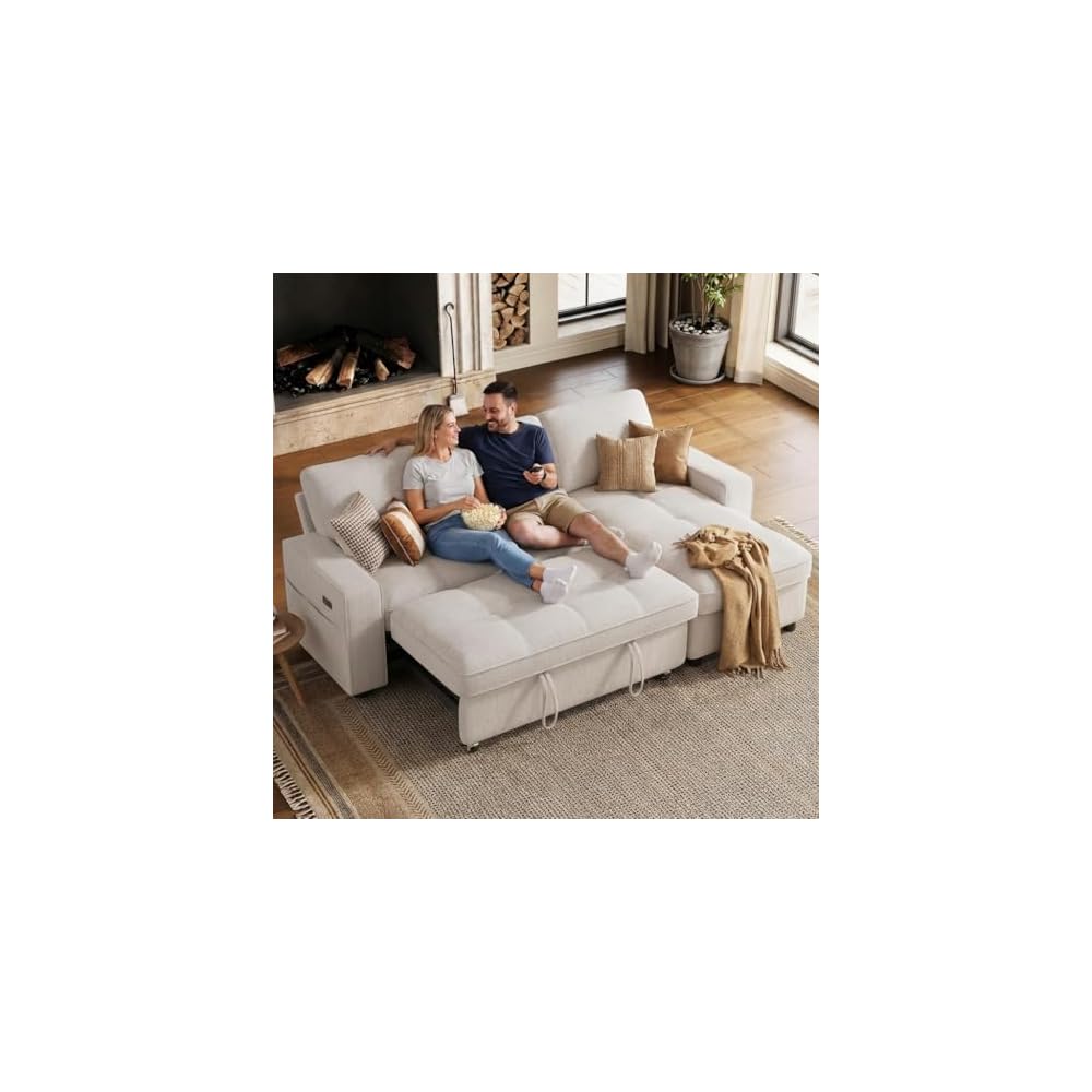 WEUP 81" Modular Sectional Sleeper Sofa Bed, Chenille L-Shaped Couch Bed with Adjustable Backrest, Pull Out Couch with Reversible Chaise Storage, USB Charging & Tool-Free Assembly, Beige