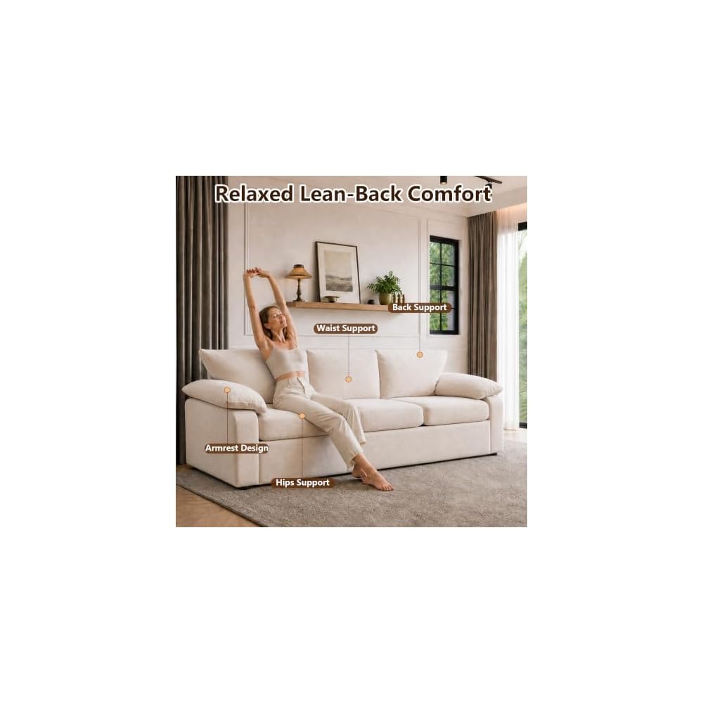 95 "3 Seater Sofa Removable Armrest Chenille Cloud Sofa,Hidden Legs,Beige