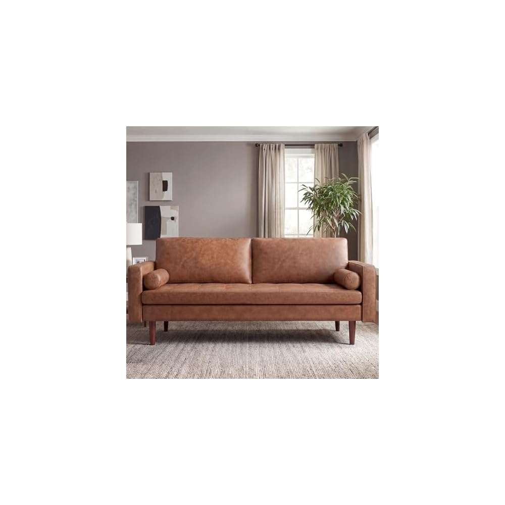Faux Leather Couch,70" Mid-Century Modern Sofa,Brown