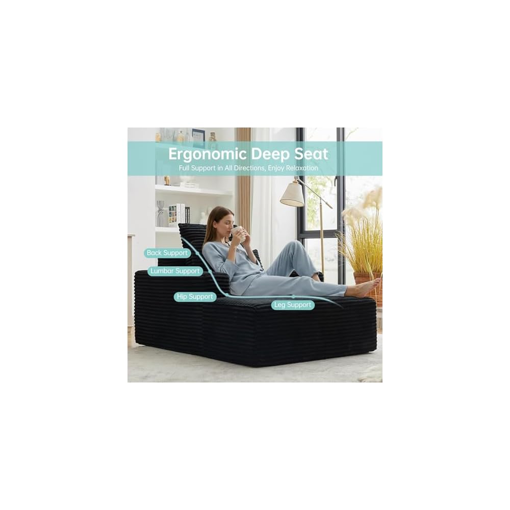Boneless Couch Chaise Lounge Chair, 54" Oversized Cloud Sofa with Deep Seat, Plush Corduroy Reading Chair for Living Room, Bedroom, Reading Nook, Apartment, Gaming Room & Movie Nights, Black