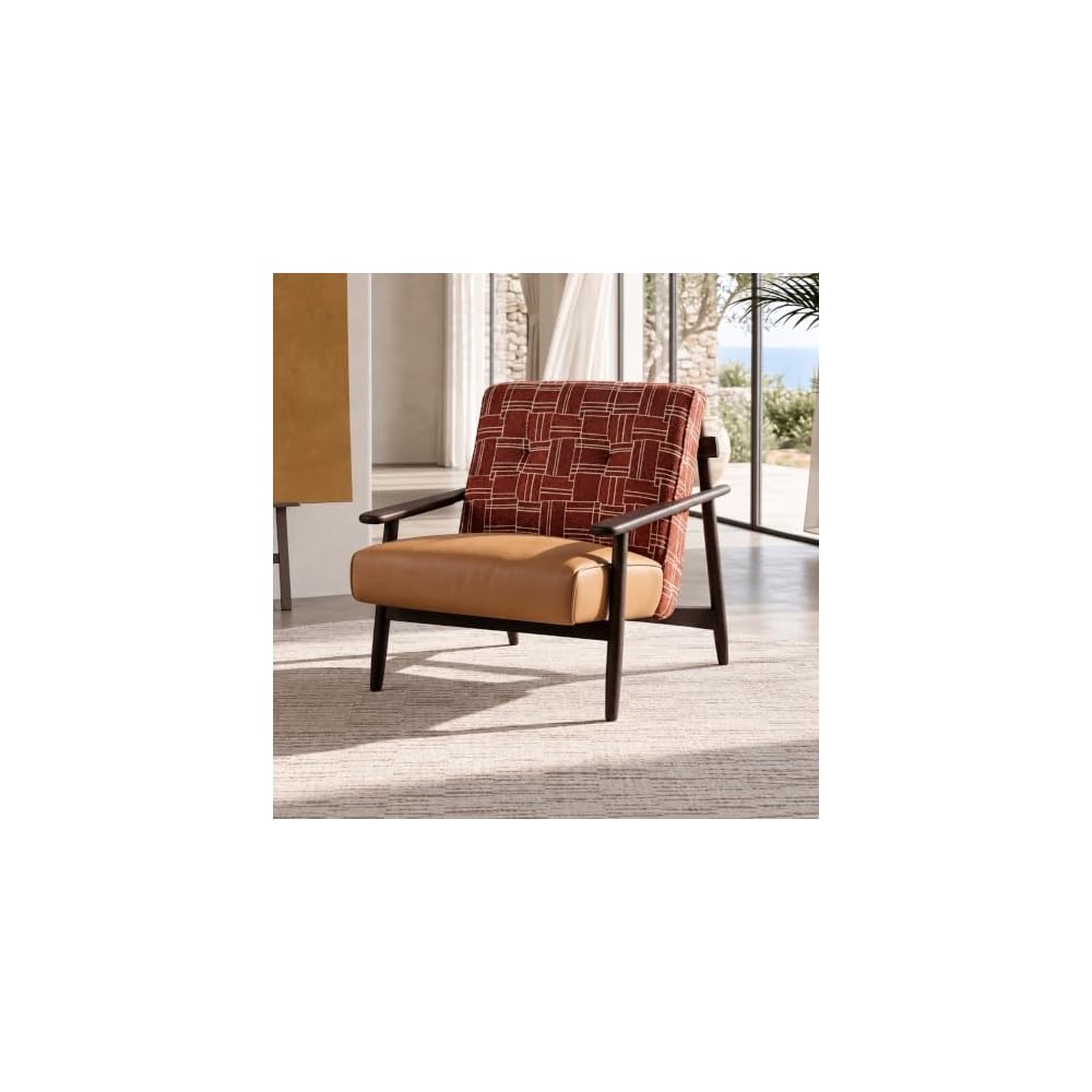Accent Chair, Rust, Cotton Fabric Wood Arm Lounge Chair