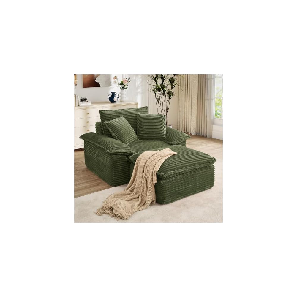Oversized Chaise Lounge Chair Indoor with Ottoman, Upholstered Corduroy Modern Boneless Sofa Chair, Deep Seat Comfy Reading Armchair, Sleeper Sectional Couch for Living Room/Bedroom(47.6"W, Green)