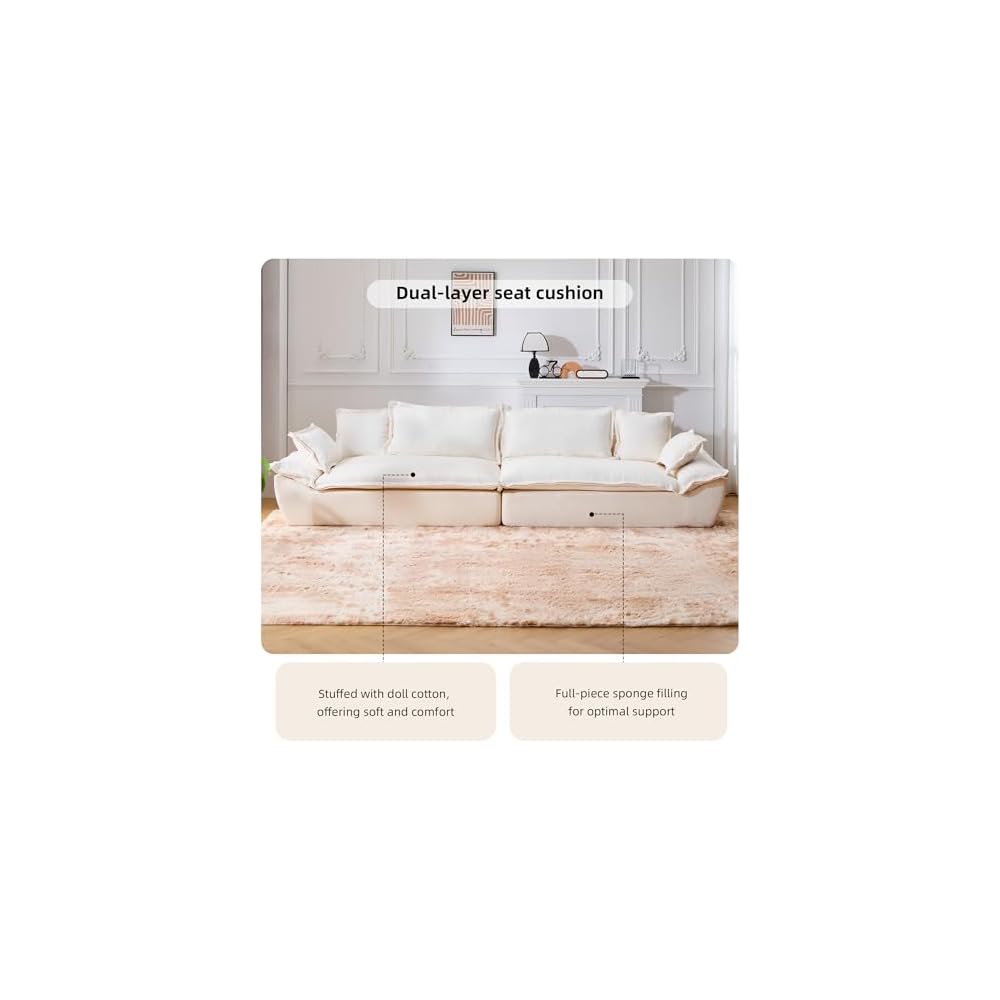 138" Modular Cloud Couch, Sectional Couch with Deep Seats, Wide Armrests and Multiple Pillows, Boneless Couches Sofas Loveseat for Bedroom/Living Room/Apartment/Office (White)