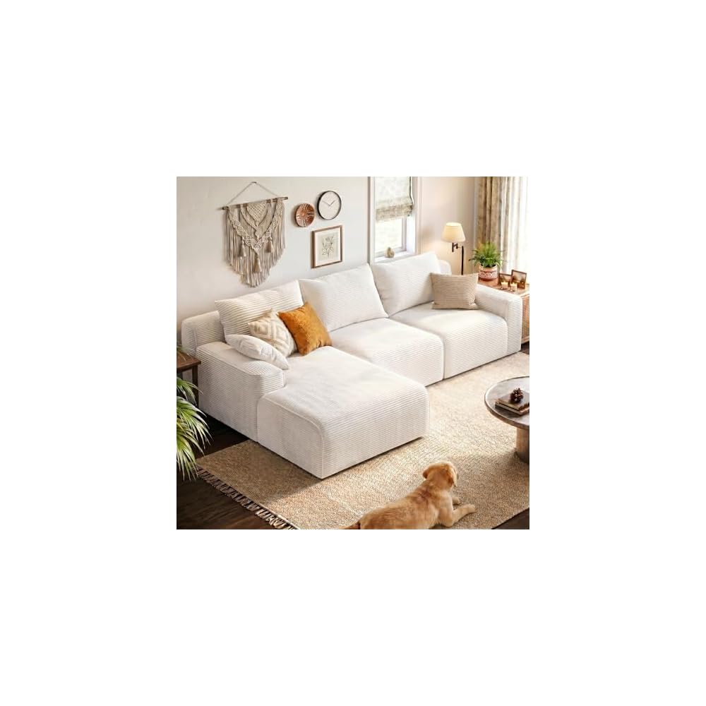 Homkdom 97" L-Shaped Cloud Corduroy Sofa with Left Chaise, Modular Sectional Couch, Flexible Combination Couches for Living Room, Bedroom, No Assembly Required (White)