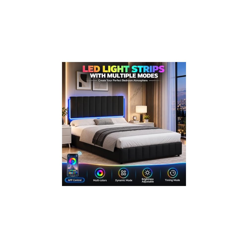 Queen Platform Bed Frame with LED Lights, Faux Leather Headboard, Black