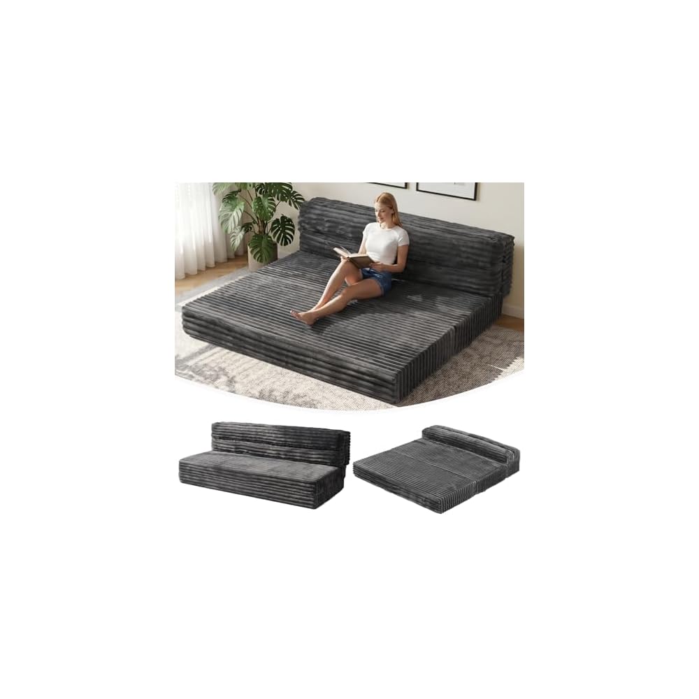 Erament Tri-Fold Futon Sofa Bed, 6 Inch Foldable Floor Couch, High-Density Foam Convertible Sleeper Sofa with Removable Washable Corduroy Cover, Portable Floor Mattress for Living Room