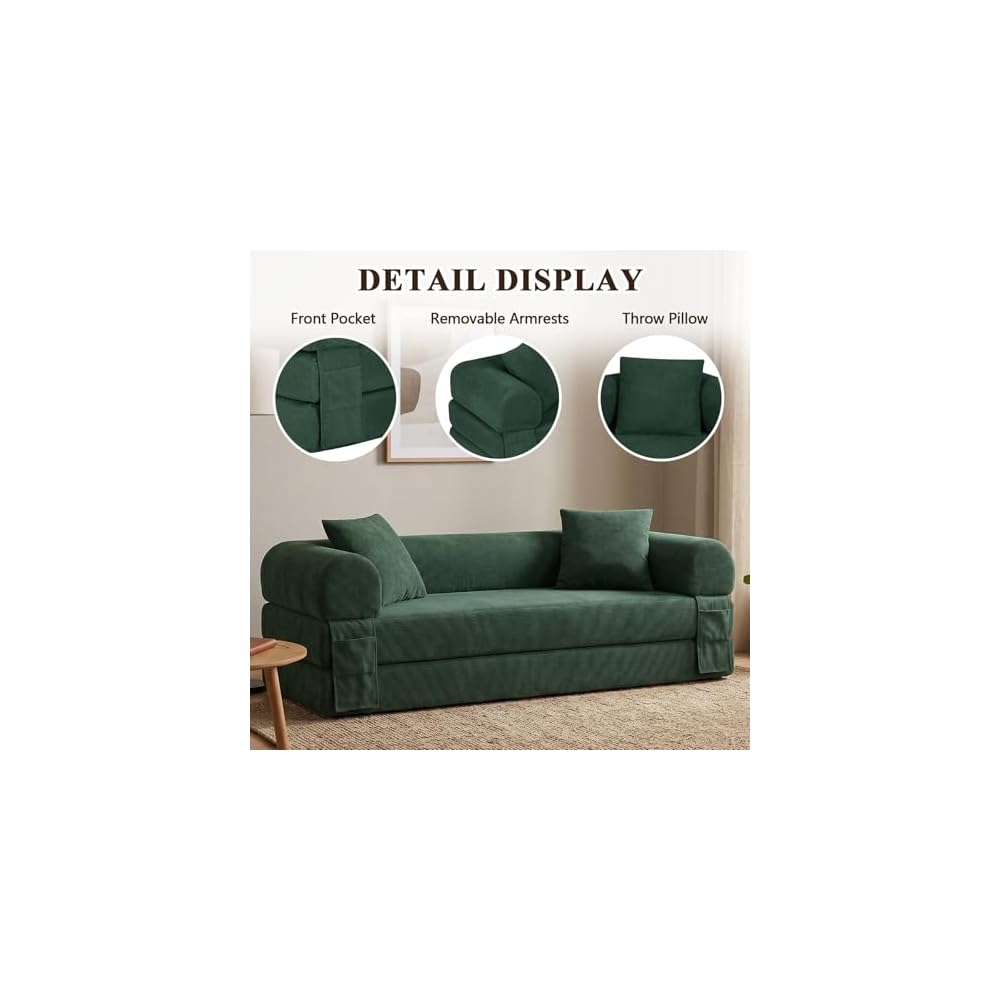 80” Convertible Sofa Bed, 3-in-1 Boneless Couch Bed with Deep Seat, Side Storage Pockets & 2 Pillows, Green Foldable Floor Couch for Living Room Apartment, 600 LBS Capacity (Dark Green)