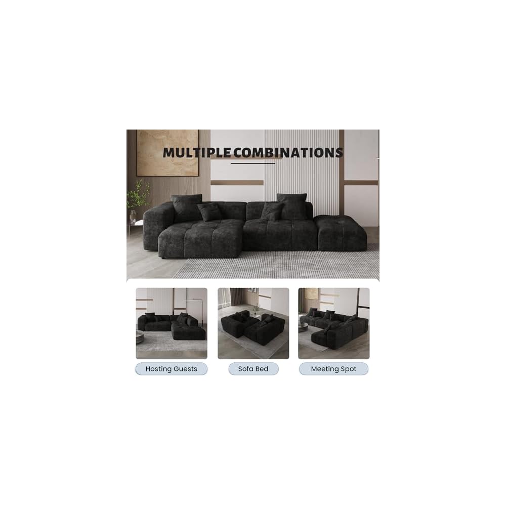 WJShome 144" Sectional Couches for Living Room,Modular Sectional Sofa, U Shaped Couch, Linen Deep Seat Cloud Couches with Pillow for Living Room,Black
