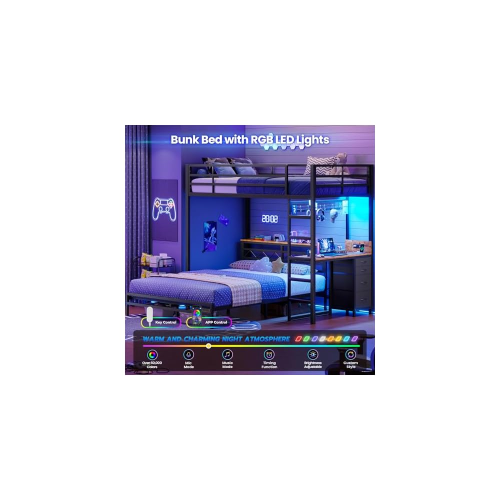 DICTAC Twin Over Full Bunk Bed with Desk and Charging Station, Black