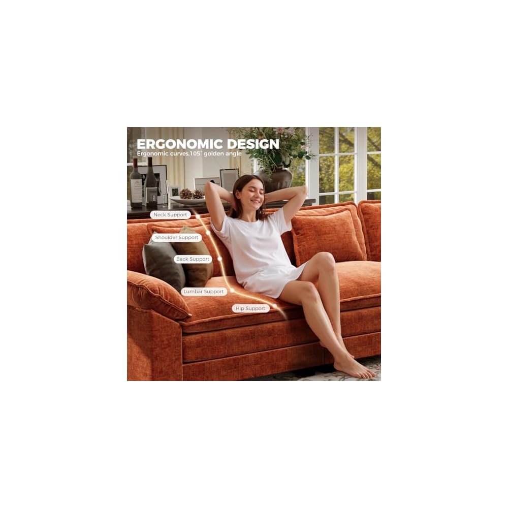CDCASA 152" Oversized Modular Sectional Sofa with Corner, Comfy V-Shaped Cloud Couch w/ 2 Ottomans, 9-Seater Chenille Deep Seat Modern Sofa Couch for Living Room, DIY Combination, Terracotta Orange