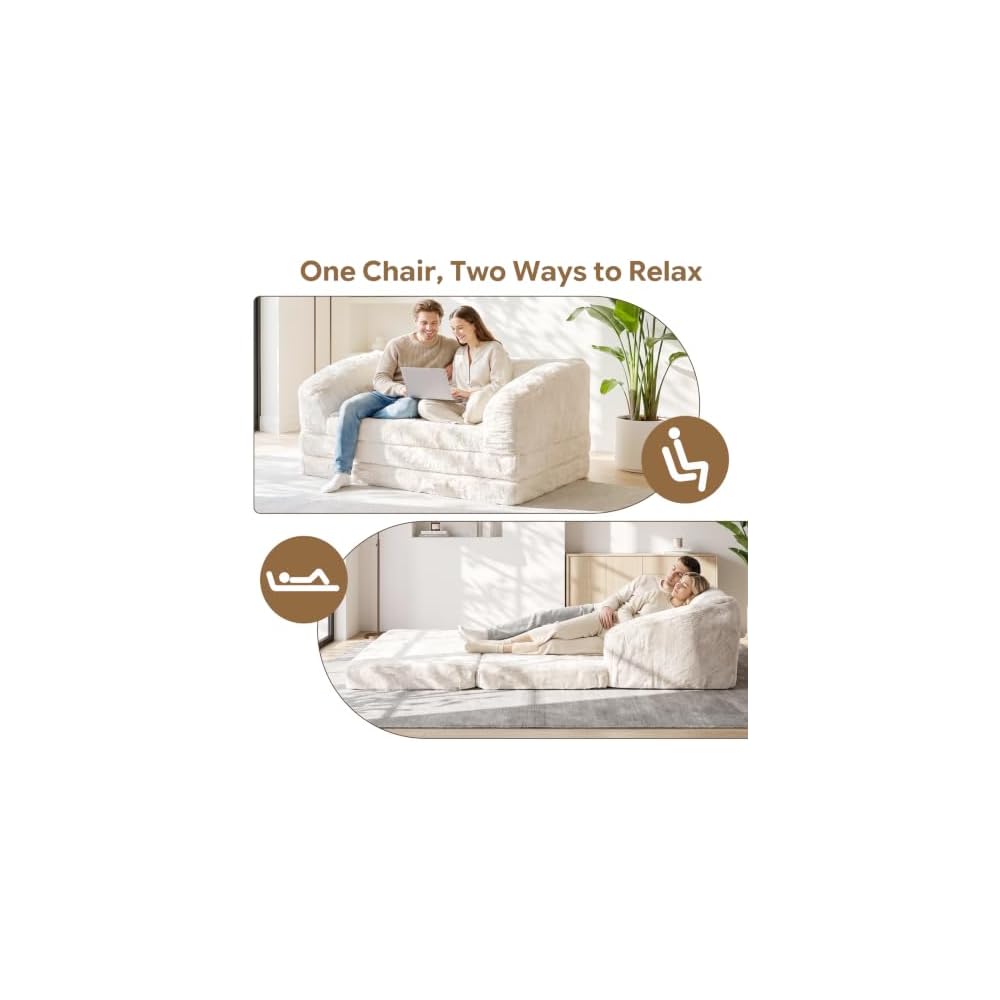Boneless Loveseat Futon Sofa Bed,Small Boneless Couch with Pull Out Handle,Convertible Sleeper Chair Folding Floor Couch for Living Room, Guest Room,Bedroom,Beige
