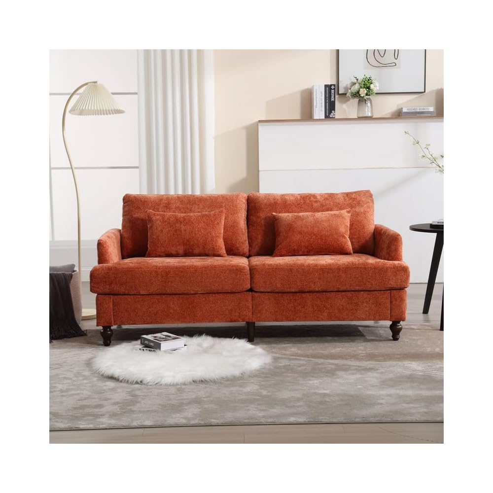 68'' Sofas Couch for Living Room, Mid Century Modern Sofa with Deep Seats, Chenille Loveseat Cloud Couch, Comfy Small Couches for Small Spaces Apartment Bedroom, Dark Orange