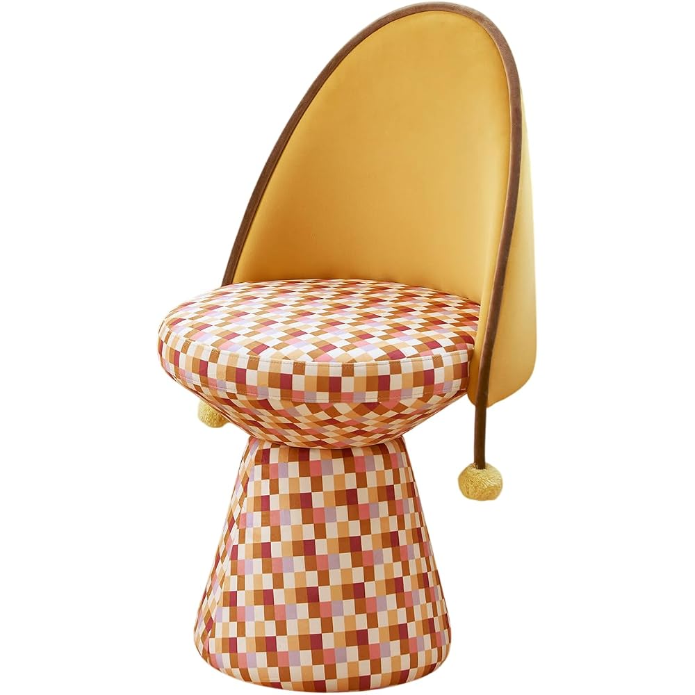 Modern Upholstered Accent Chair with Checkered Seat, Swivel Vanity Chair with Backrest, Yellow Pattern Makeup Chair, Decorative Dining Lounge Chair for Bedroom Living Room