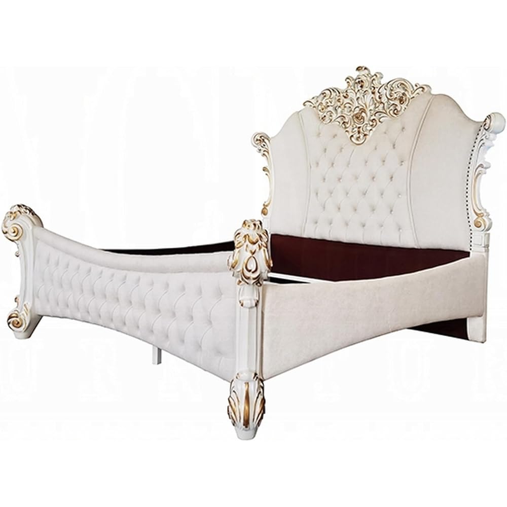 Antoine King Size Bed, Ivory Faux Leather Victorian Carved Pearl White