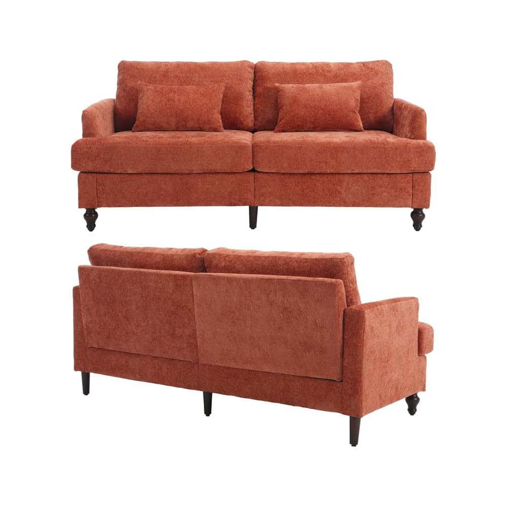 68'' Sofas Couch for Living Room, Mid Century Modern Sofa with Deep Seats, Chenille Loveseat Cloud Couch, Comfy Small Couches for Small Spaces Apartment Bedroom, Dark Orange