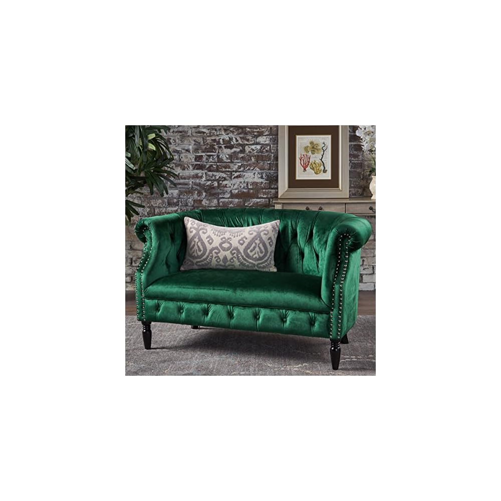 GDFStudio Melaina Tufted Chesterfield Velvet Loveseat with Scrolled Arms, Emerald and Dark Brown.