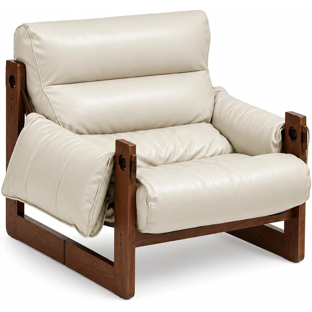 Faux Leather Accent Chair with Wood Frame, Low-Profile Lounge Chair, Beige