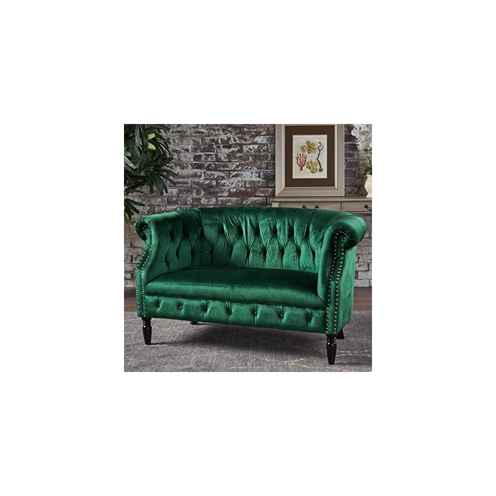 GDFStudio Melaina Tufted Chesterfield Velvet Loveseat with Scrolled Arms, Emerald and Dark Brown.