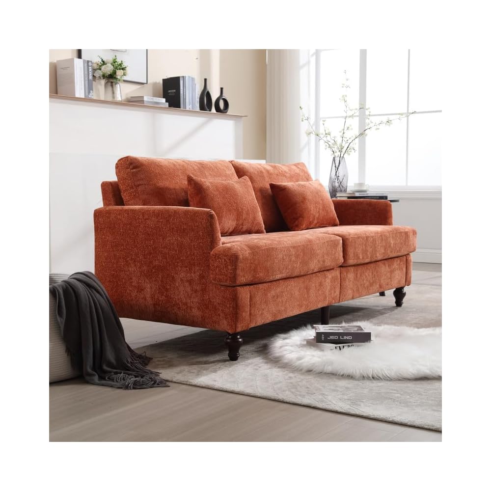 68'' Sofas Couch for Living Room, Mid Century Modern Sofa with Deep Seats, Chenille Loveseat Cloud Couch, Comfy Small Couches for Small Spaces Apartment Bedroom, Dark Orange
