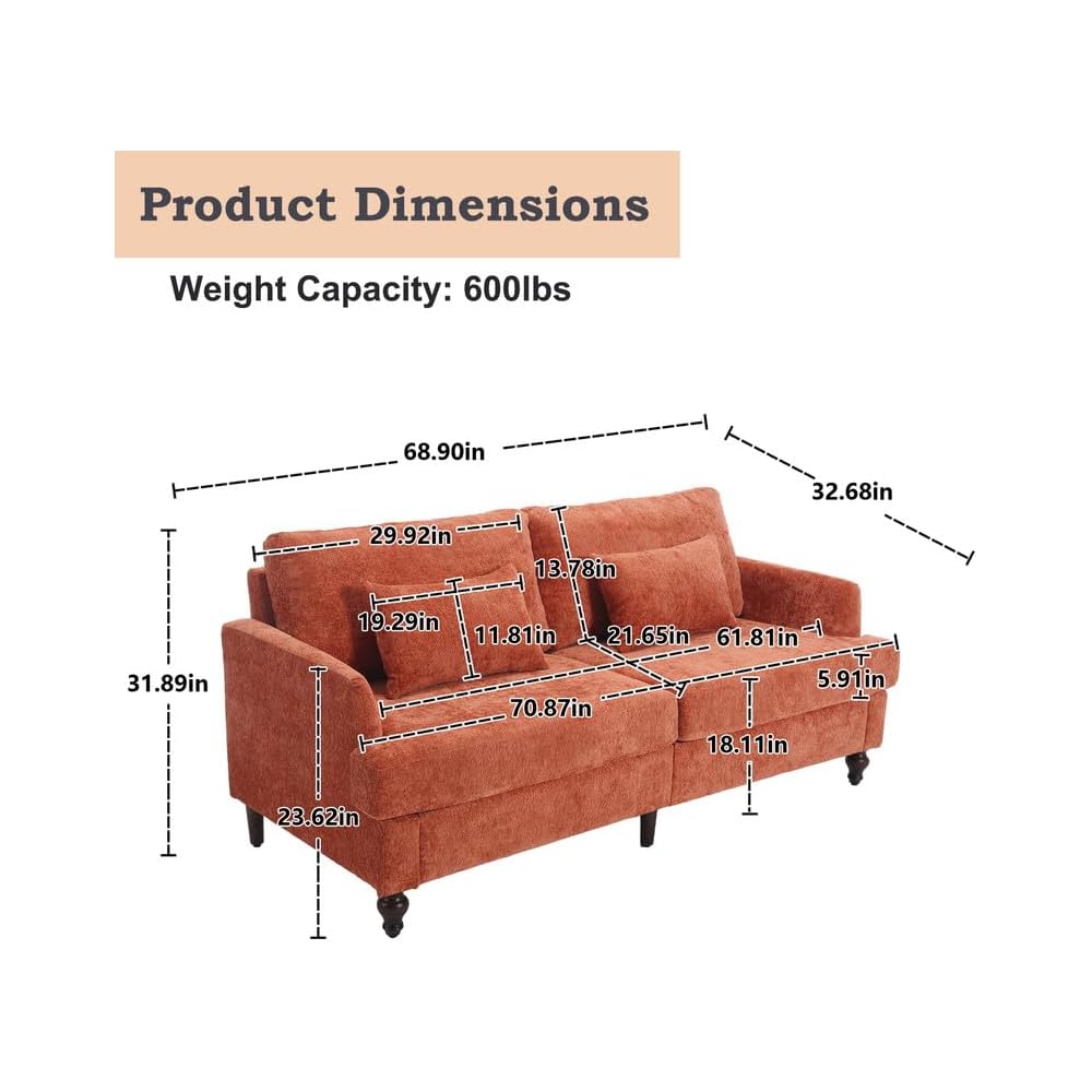 68'' Sofas Couch for Living Room, Mid Century Modern Sofa with Deep Seats, Chenille Loveseat Cloud Couch, Comfy Small Couches for Small Spaces Apartment Bedroom, Dark Orange
